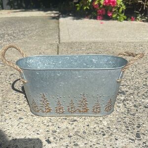 Rustic Metal Basket with Evergreen Tree Design